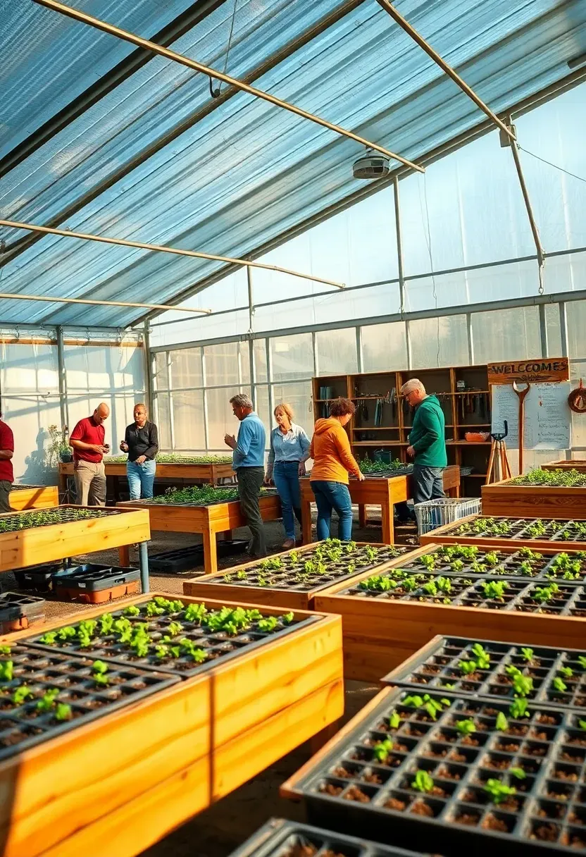 A large community greenhouse in a neighborhood garden with multiple families working together among raised beds and seed-starting tables