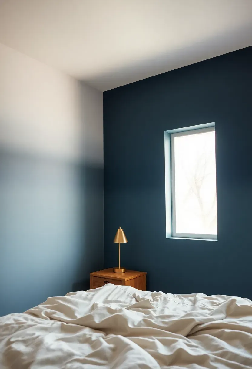 Bedroom accent wall with a smooth ombre gradient fading from deep navy at the bottom to soft white at the ceiling