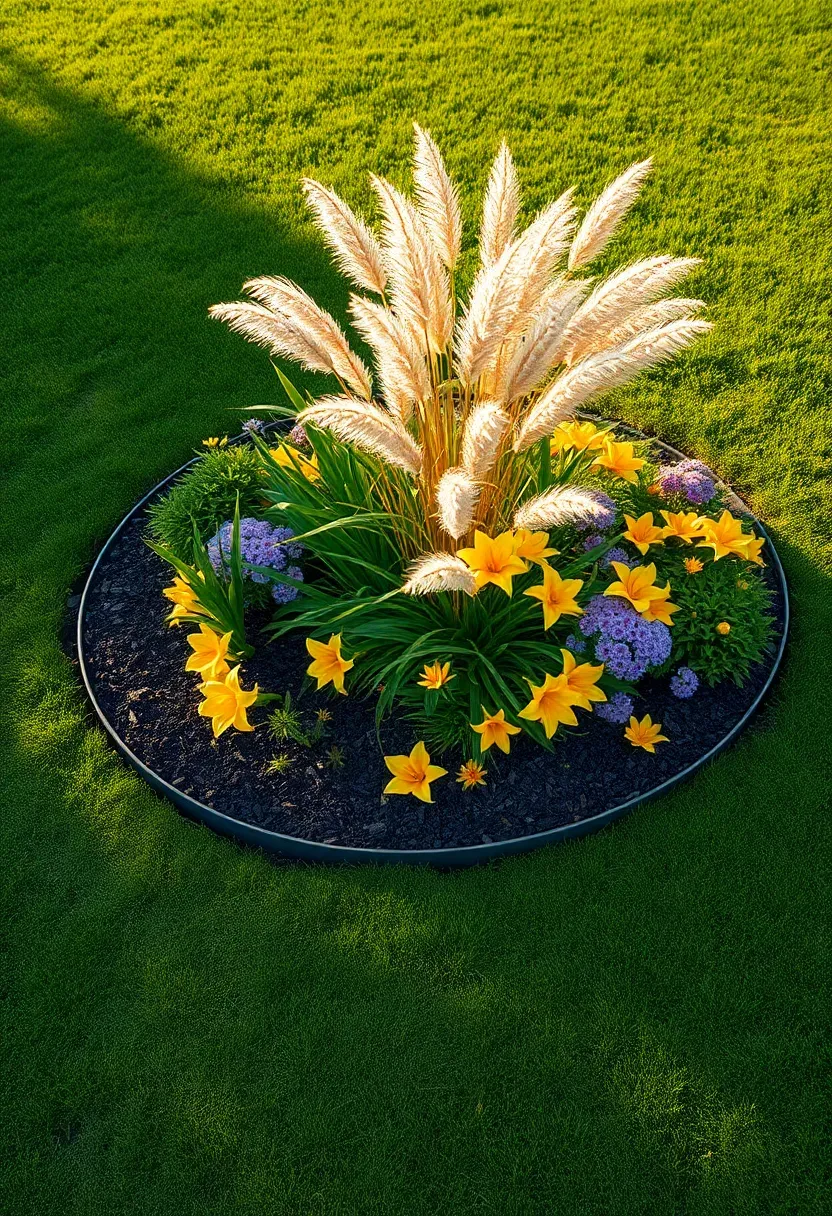 Oval-shaped island garden bed floating in the middle of a green lawn with ornamental grasses, daylilies, and sedum arranged in naturalistic drifts