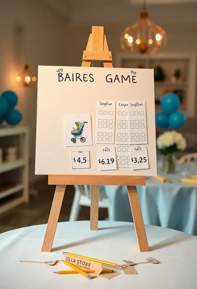 baby product price guessing game board with printed cards showing stroller crib and car seat images