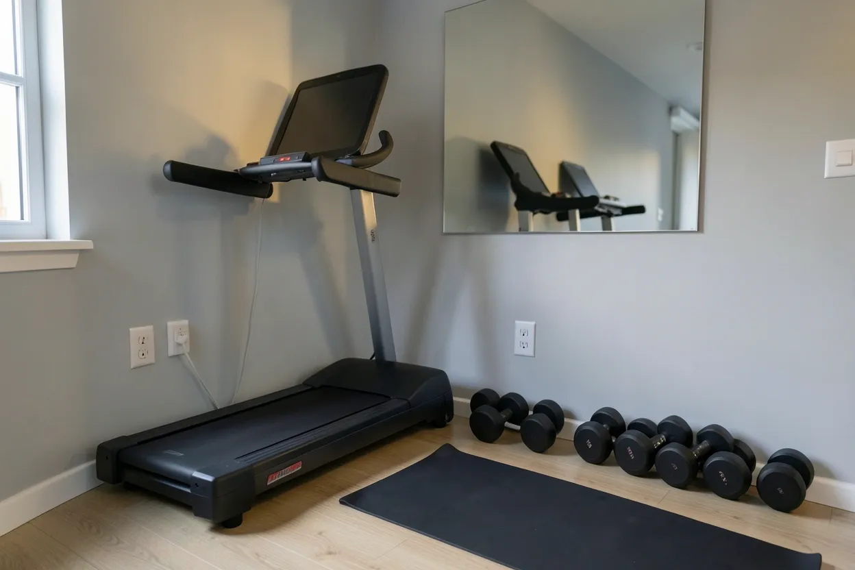 Compact mini home gym setup in a small apartment with foldable equipment and vertical wall storage