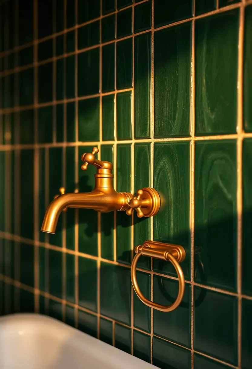Unlacquered brass faucet and towel ring developing natural patina against dark green tile