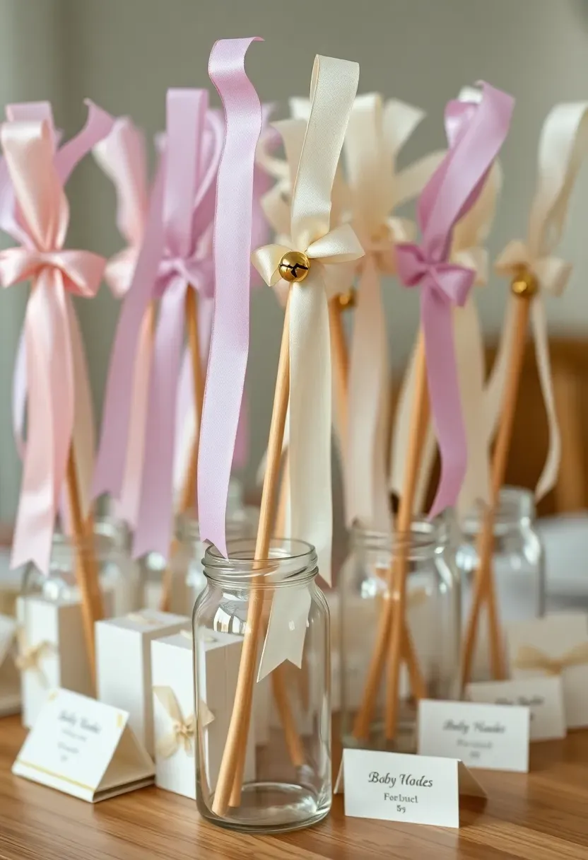 ribbon wand favour table at baby shower with colourful ribbon wands in jars and pastel packaging