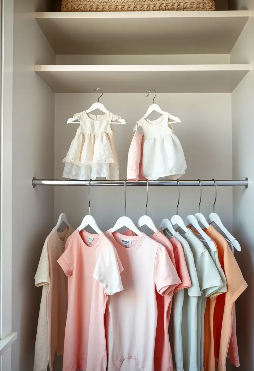 baby closet with two horizontal hanging rods stacked vertically holding tiny outfits sorted by size