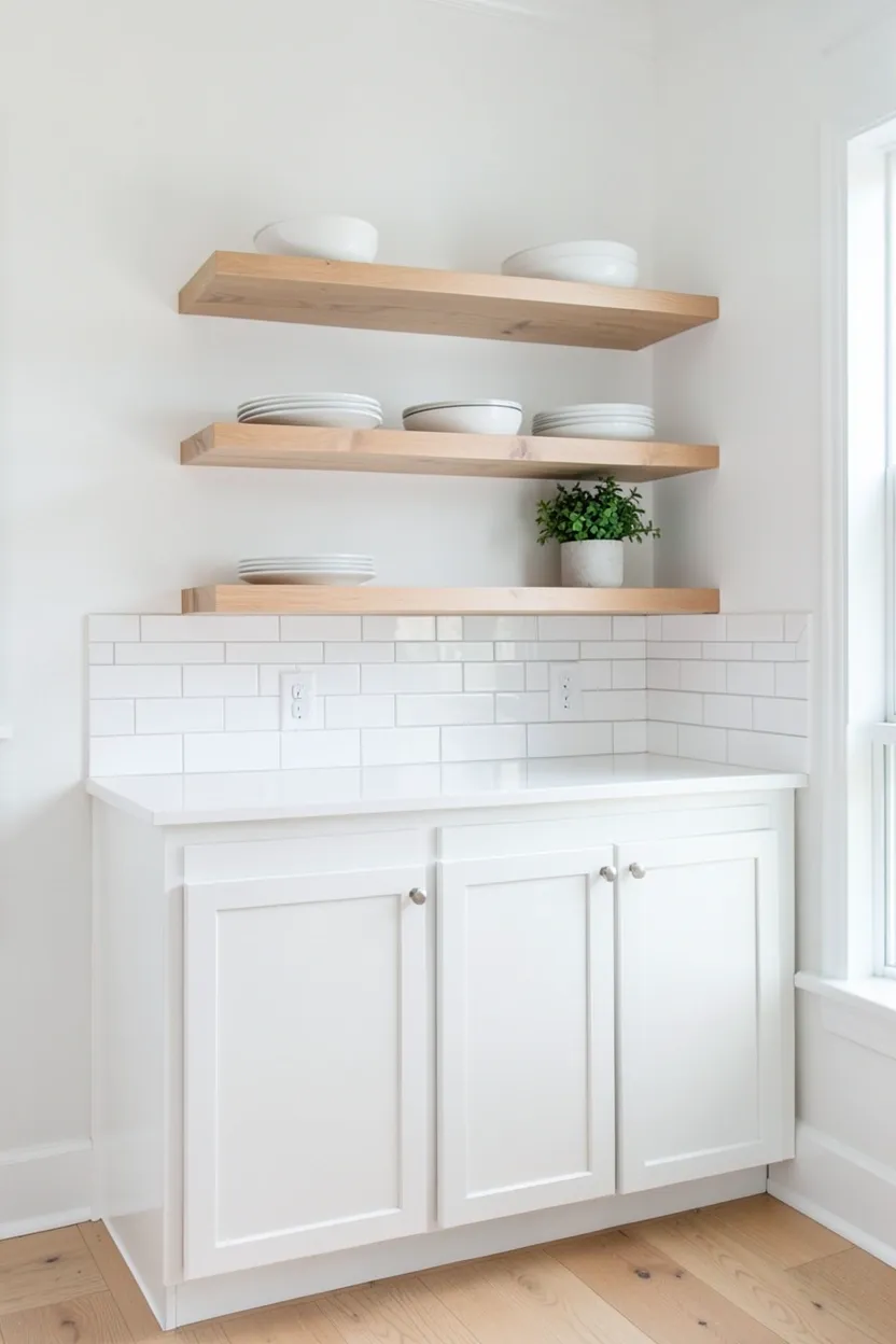 Floating wood shelves on a white kitchen wall, natural oak finish displaying white ceramic dishes and small potted herbs in a rental apartment