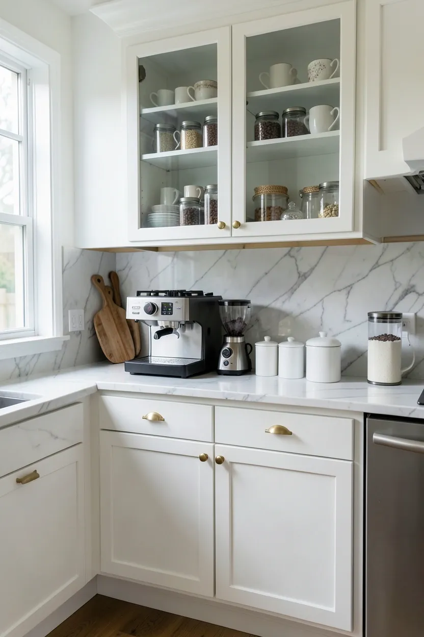 Hyper-realistic eye-level photograph of an elegant kitchen with a built-in coffee station. The station is integrated into the cabinetry with upper and lower units. Upper cabinet has glass doors displaying ceramic mugs and glass jars with coffee beans. Countertop features a built-in espresso machine, coffee grinder, and white ceramic canisters. Marble backsplash behind the appliances. Brass pulls on cabinets. Natural light from nearby window. Materials: white lacquer, marble, brass, stainless steel appliances. Organized and functional elegant mood. Sharp focus on the coffee station appliances and cabinet contents. No text, no logos, no watermarks.</p>