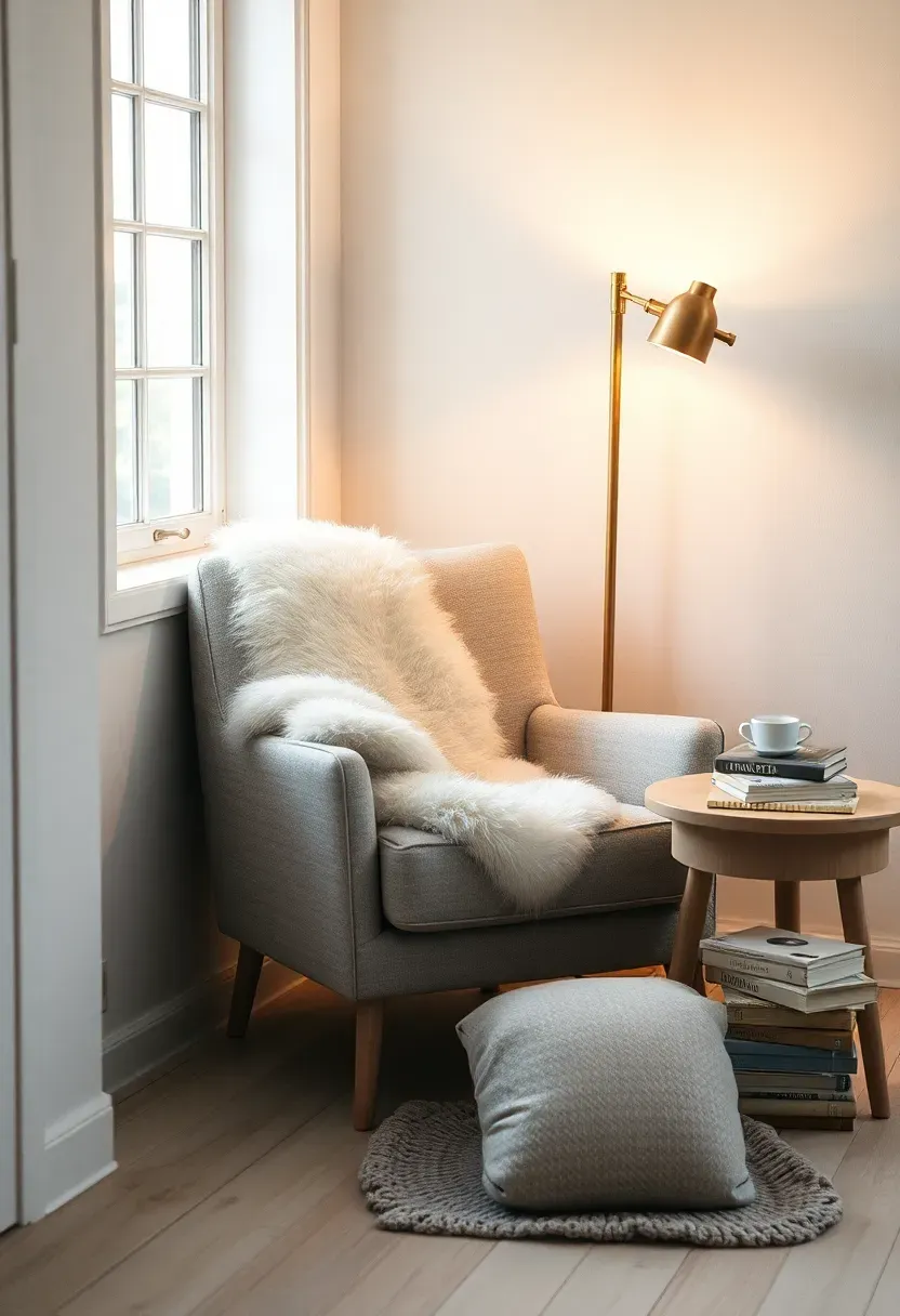 Hyper-realistic 3/4 view of a cozy Nordic reading nook tucked into a corner, showing a comfortable upholstered armchair in warm light gray with a white sheepskin throw draped casually over the arm, a small side table with a steaming cup, a floor lamp casting warm light, and a stacked pile of books. Light wood floor, white walls, window nearby with soft light. Materials: linen-upholstered armchair with visible texture, genuine sheepskin wool, light oak side table, brass floor lamp, books with worn pages. Warm intimate lighting from lamp creating cozy ambiance, soft shadows on walls. Inviting lived-in feel with casual textile arrangement. Shallow depth of field showing chair and textiles foreground with window and room context beyond. No text, no logos, no watermarks.</p>