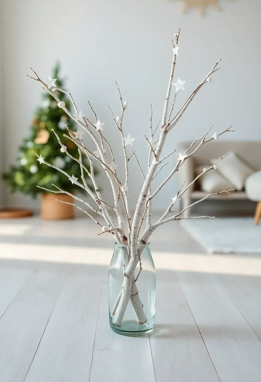 Hyper-realistic 3/4 view of white birch branches arranged in a vase forming a minimalist Christmas tree shape, with small white paper star ornaments. Materials: white paper birch bark with subtle markings, matte white paper stars, clear glass vase. Soft diffused north light (4500K), creating cool crisp shadows on pale wood floor. Scandinavian minimalist mood, shallow depth of field with paper details sharp, visible room context with white walls and simple modern furniture. No text, no logos, no watermarks.</p>