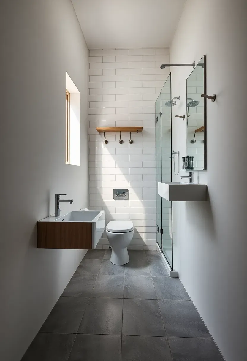 Narrow bathroom with all fixtures mounted along a single wall in a linear row