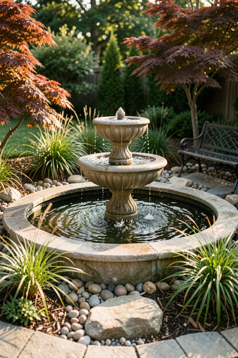 Hyper-realistic eye-level photograph of a backyard water feature serenity. Modern stone fountain in circular design with water gently cascading from upper bowl to lower reservoir. Surrounding planting bed with ornamental grasses, Japanese maple, and river rocks. Small wrought iron bench positioned nearby for contemplation. Late afternoon light creates sparkle on moving water. Materials: natural stone, water, ornamental plants. Serene sanctuary mood. Shallow depth of field, focus on water movement and stone texture. No text, no logos, no watermarks.</p>