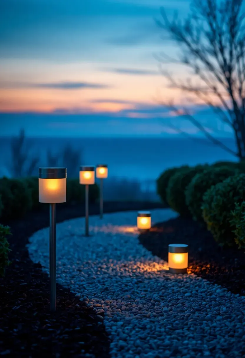 A row of modern solar path stake lights with brushed stainless steel housings lining a curved gravel garden path at twilight