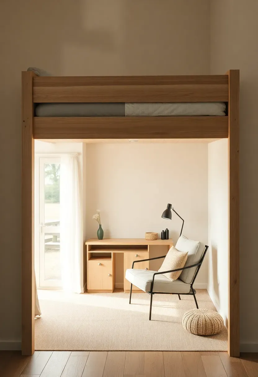 Loft bed with open lounge and study below