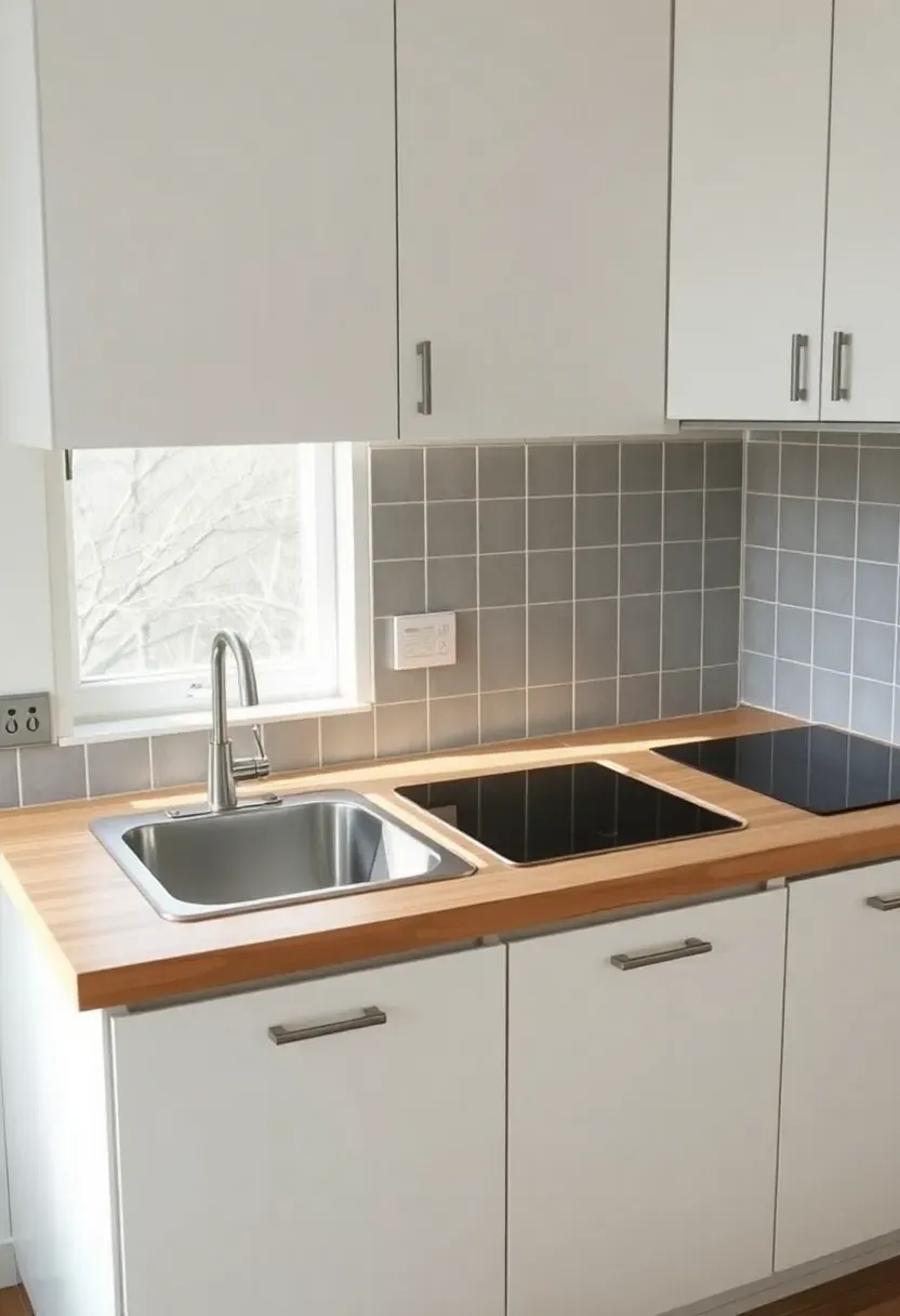 Hyper-realistic straight-on view of minimal Japanese kitchen workstation. Single 42-inch countertop with undermount sink left, two-burner induction cooktop right, small drainboard between. Upper cabinets with white doors, lower cabinets hidden. Materials: light wood countertop, white lacquer cabinetry, stainless steel appliances, gray tile backsplash. Bright natural light from window, emphasizing clean surfaces and minimalism. Shallow depth of field showing countertop details and cabinet hardware. Ultra-minimal Japanese kitchen mood.</p>