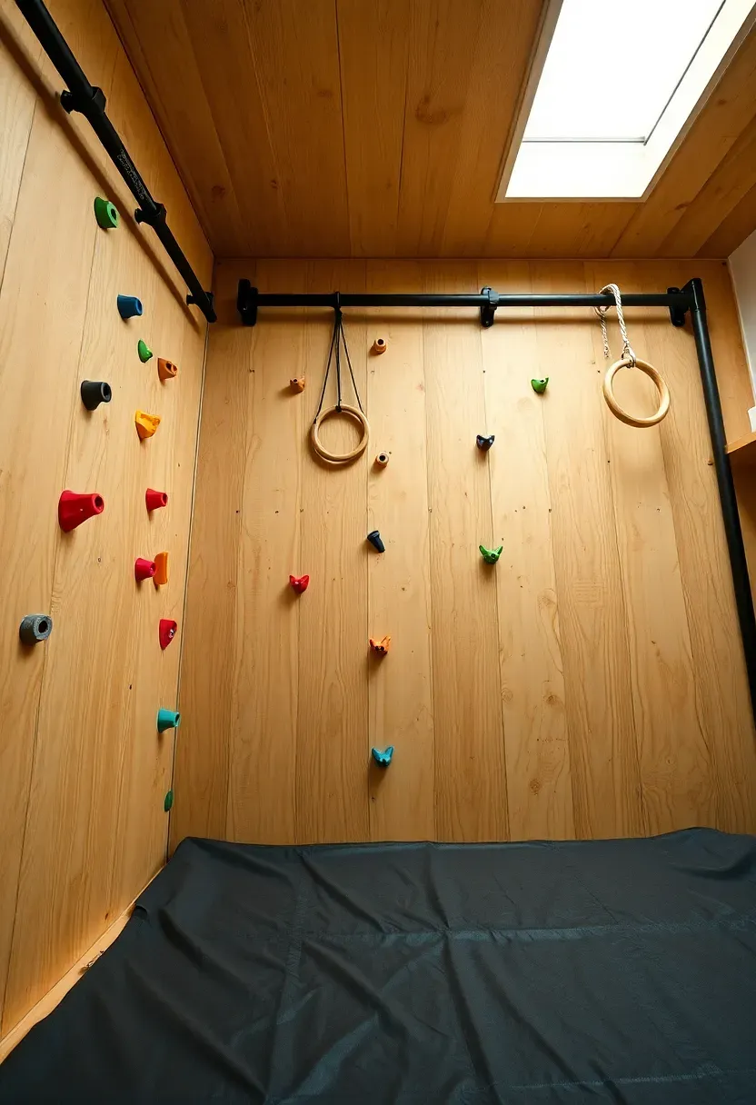 Home climbing wall and calisthenics area with plywood wall, colorful holds, parallel bars, and thick crash mat below