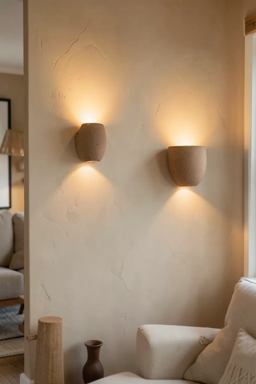 Unglazed clay wall sconces with warm LED glow mounted asymmetrically in a wabi sabi living room with earthy wall color