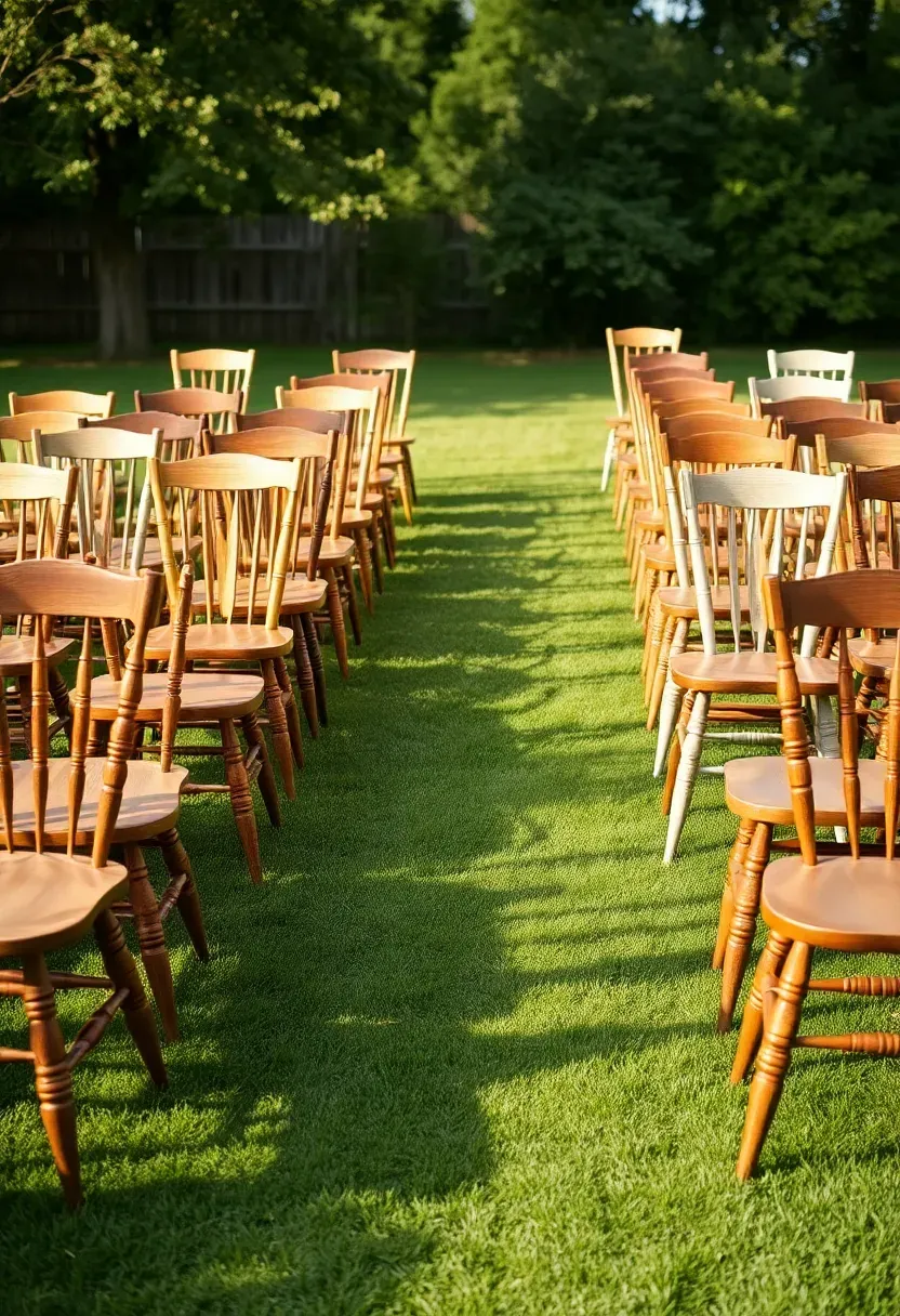 Mismatched vintage wooden chairs in different styles and finishes arranged in ceremony rows at a backyard wedding on green grass