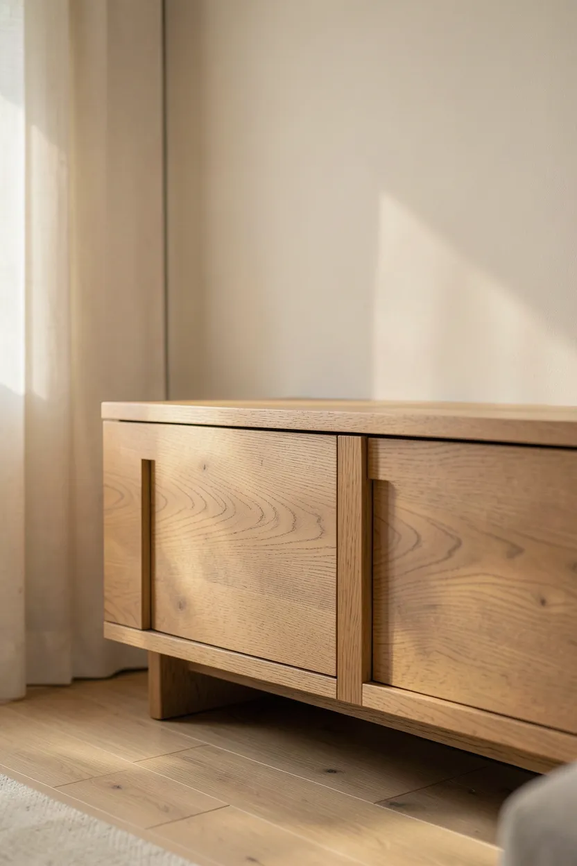 Low-profile minimalist wooden media console with closed storage and visible wood grain in a serene wabi sabi living room