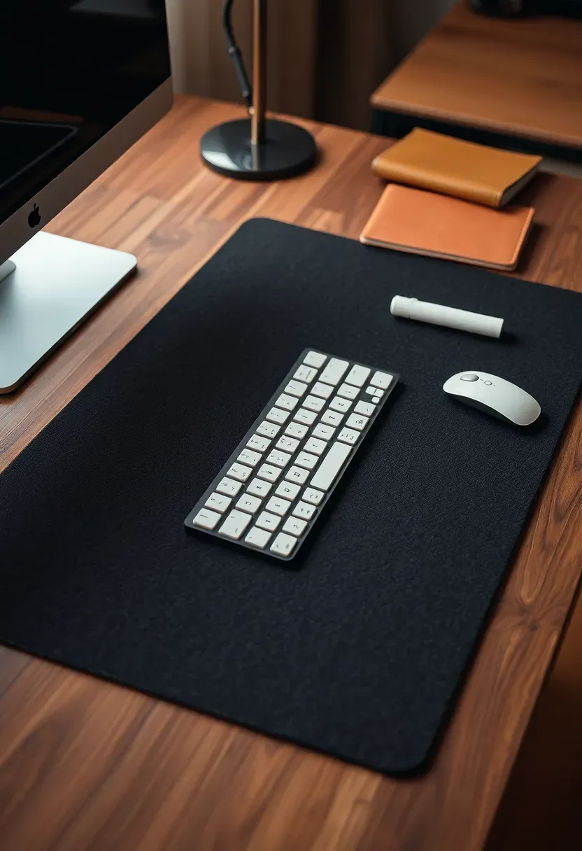 Large cork and felt desk mat covering a workspace with a keyboard, mouse, and notebook arranged neatly on top