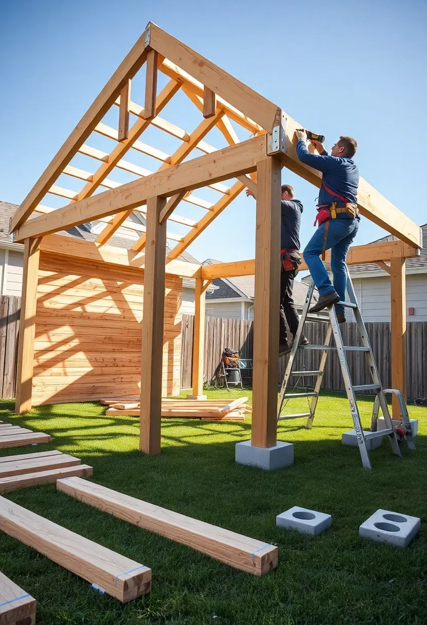 An unfinished DIY pavilion kit being assembled in a backyard showing pre-cut pressure-treated lumber pieces, metal bracket connectors, and a partially raised roof frame with two people working