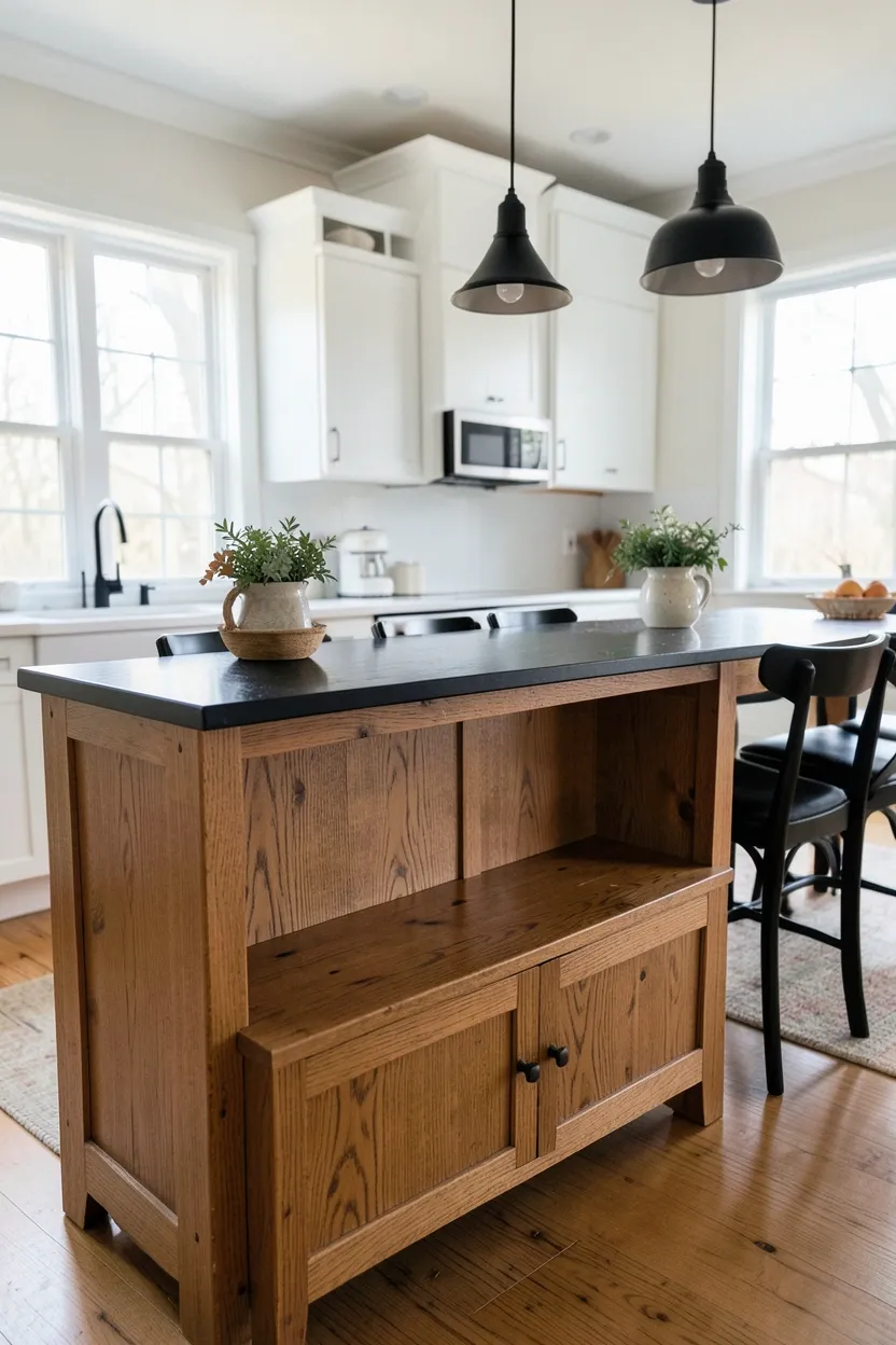 Built-in oak wood breakfast nook with a sleek black dining table — cozy kitchen eating area with warm and modern contrast