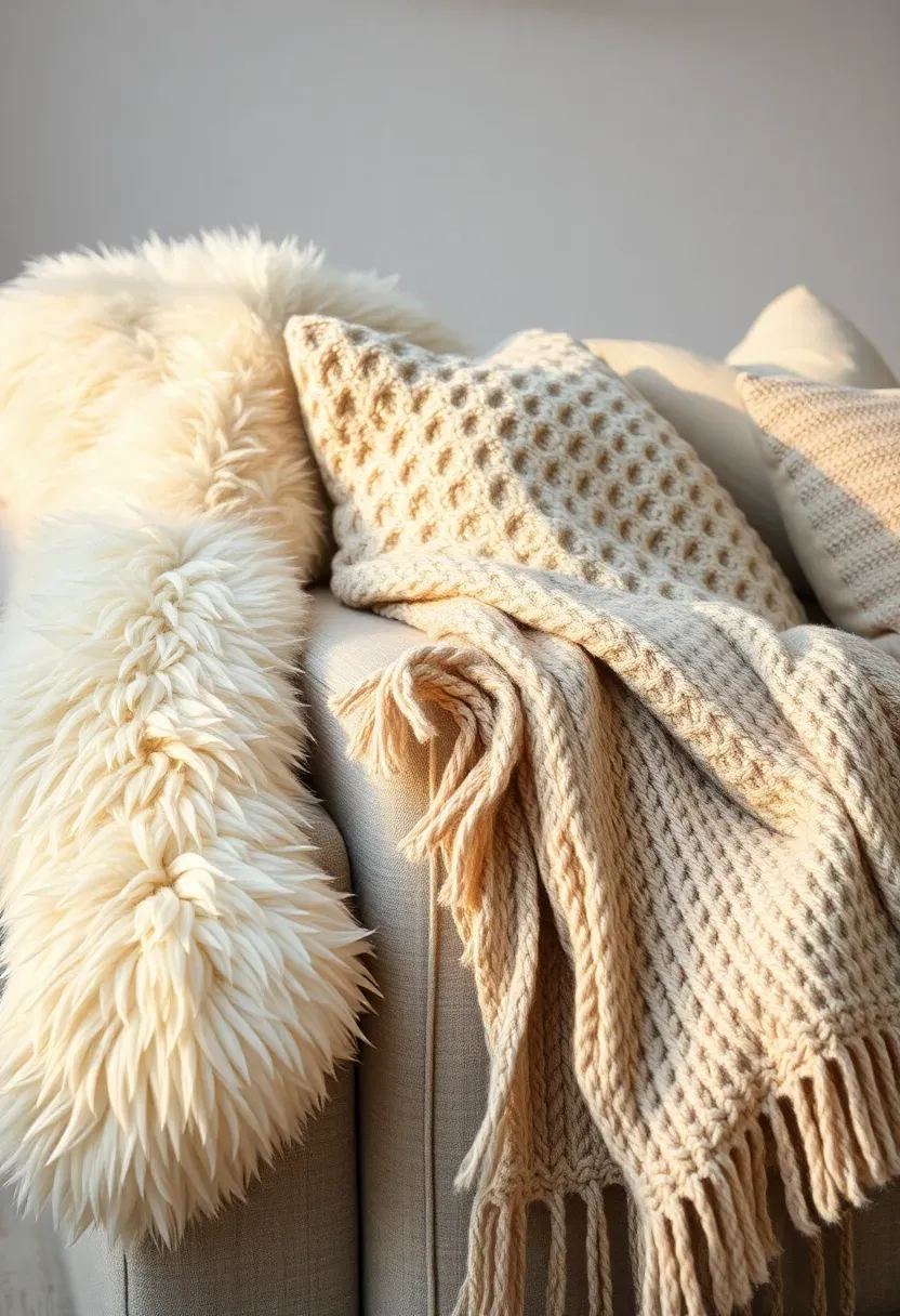 Hyper-realistic detail shot of textiles in Scandinavian living room. White faux sheepskin throw draped over light gray sofa arm, chunky cable knit wool blanket folded on seat. Linen and wool pillows in cream and beige. Close-up showing texture and fiber details. Soft warm lighting emphasizing fabric depth. White wall and light wood floor visible in background. Materials: faux sheepskin, merino wool, linen, cotton. Golden hour light, tactile cozy mood. Macro details on textile textures, shallow depth of field, no text, no logos.</p>