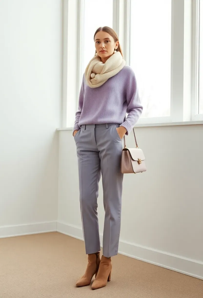 soft lavender cashmere sweater and matching wool trousers layered with a cream scarf for winter