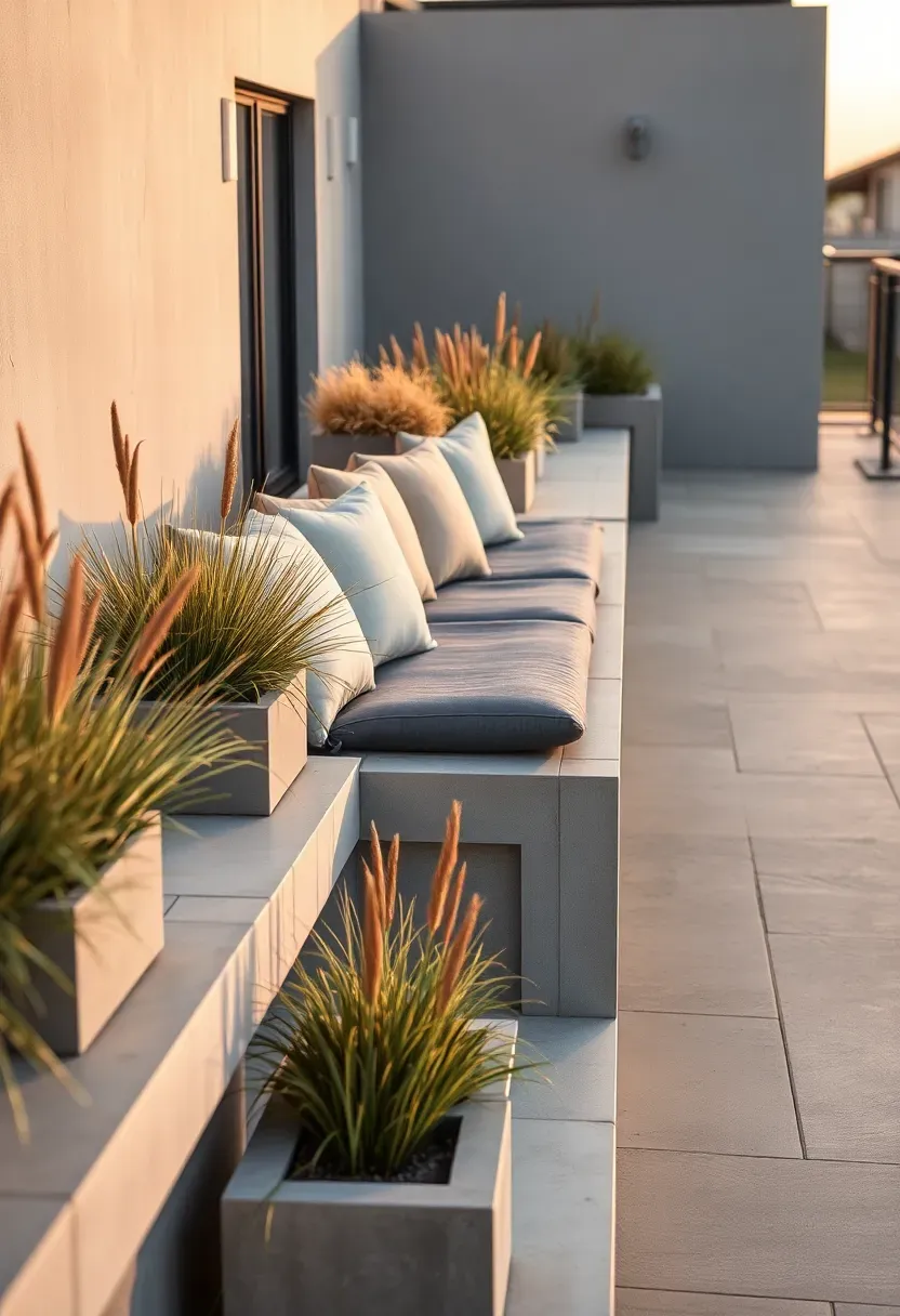 Built-in concrete bench running along the perimeter of a modern terrace with plush outdoor cushions, integrated planters, and warm evening light