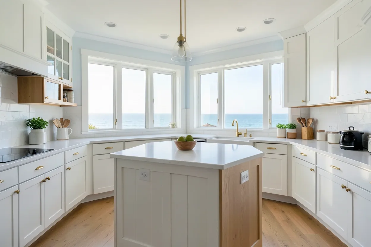 Bright coastal kitchen with white shaker cabinets, soft blue accents, and natural wood island — beach house style for renters