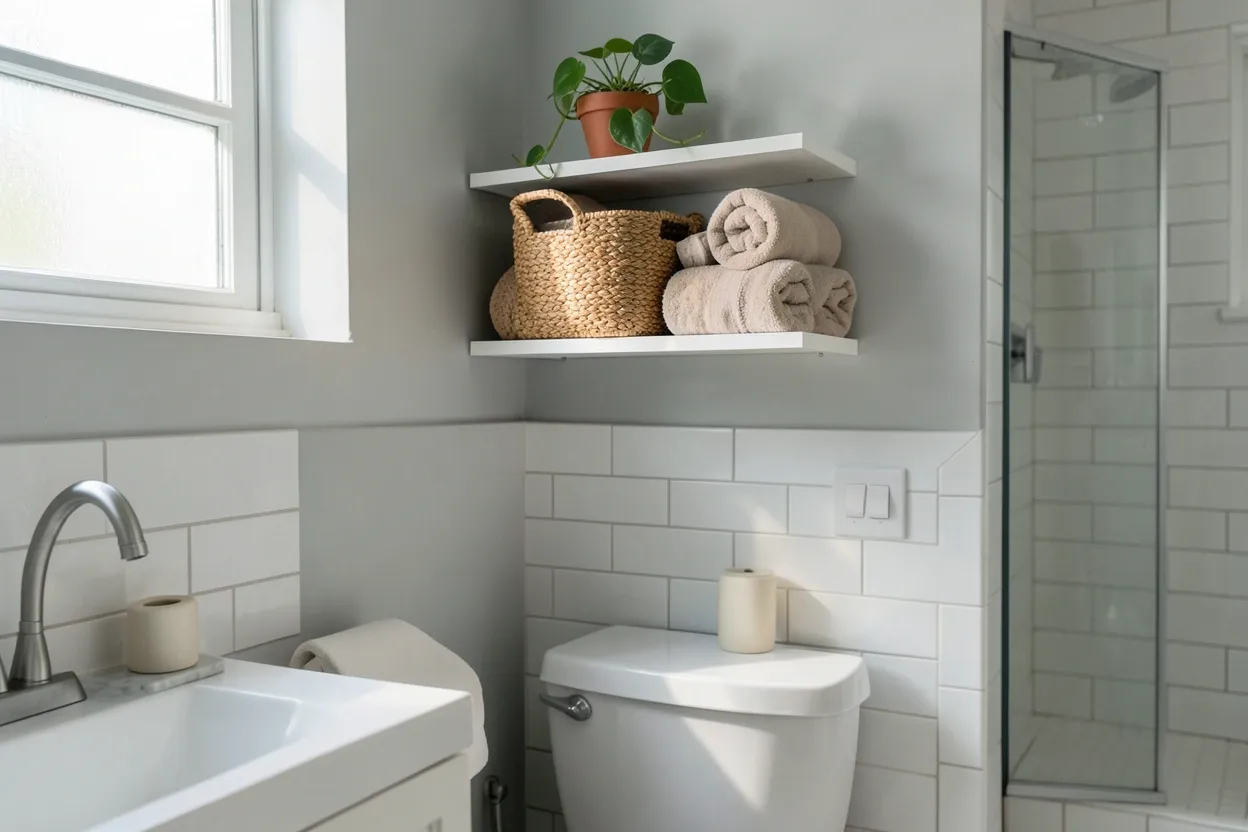 Collage of calming blue bathroom ideas on a budget including peel-and-stick tiles, navy vanity, and light blue shower curtain in a small rental bathroom