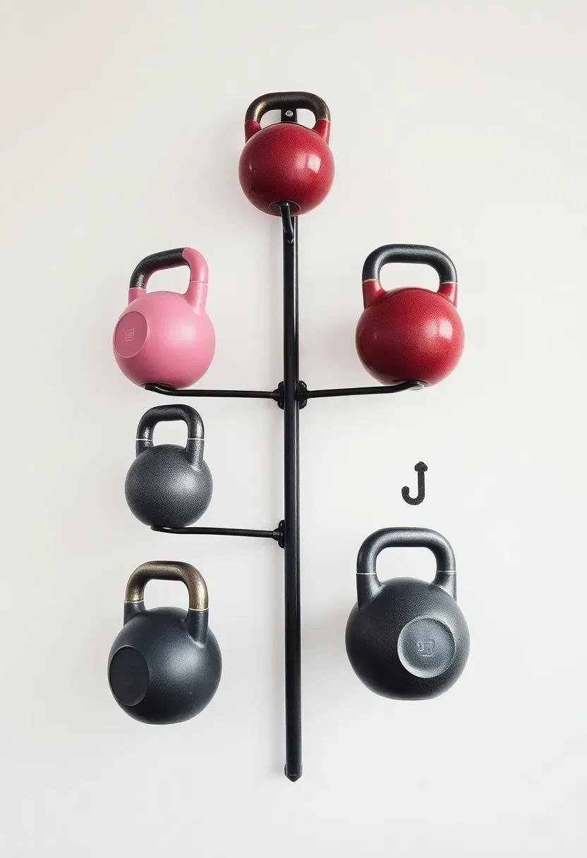 Kettlebell wall tree mounted on a gym wall displaying eight kettlebells by weight from light at the top to heavy at the base