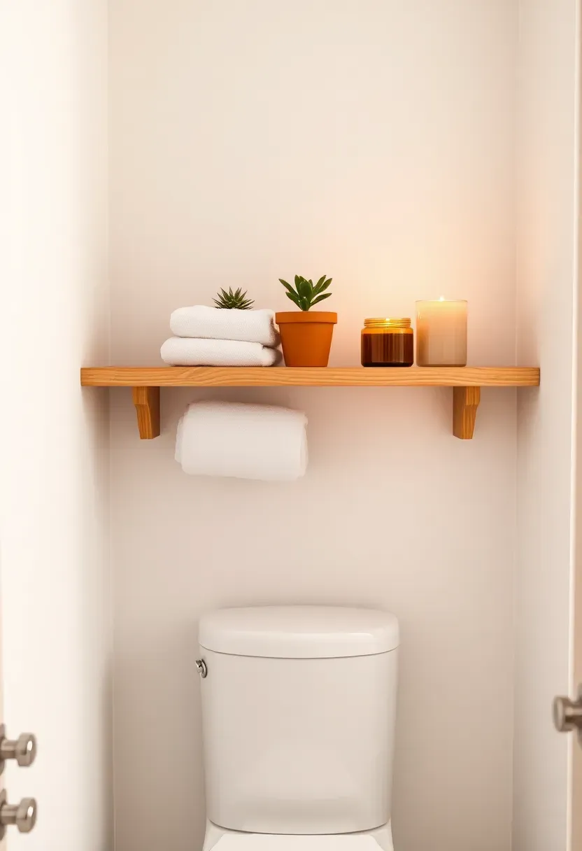 Floating wooden shelf mounted above a toilet in a small bathroom, holding a small plant, folded towels, and a candle