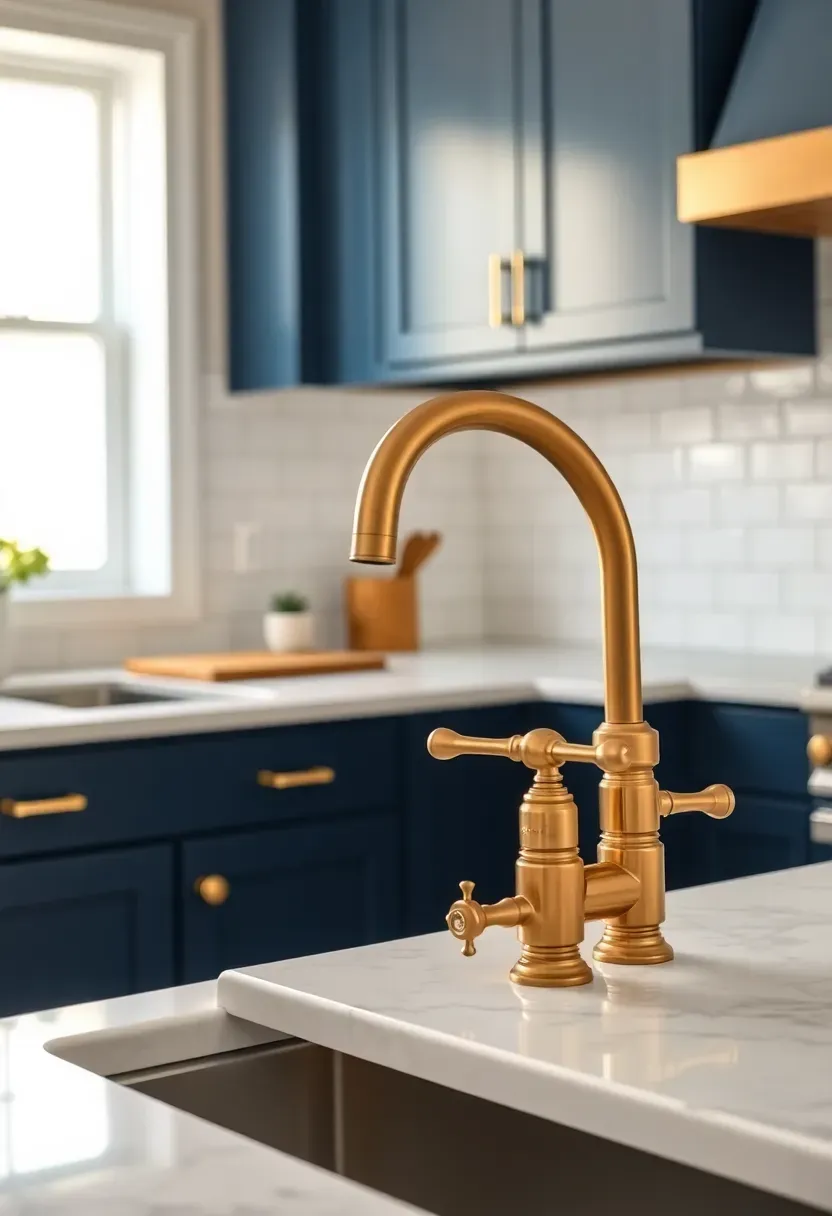 Close-up of unlacquered brass cabinet pulls and a vintage-style bridge faucet on a deep navy cabinet with marble-look countertop in warm kitchen light