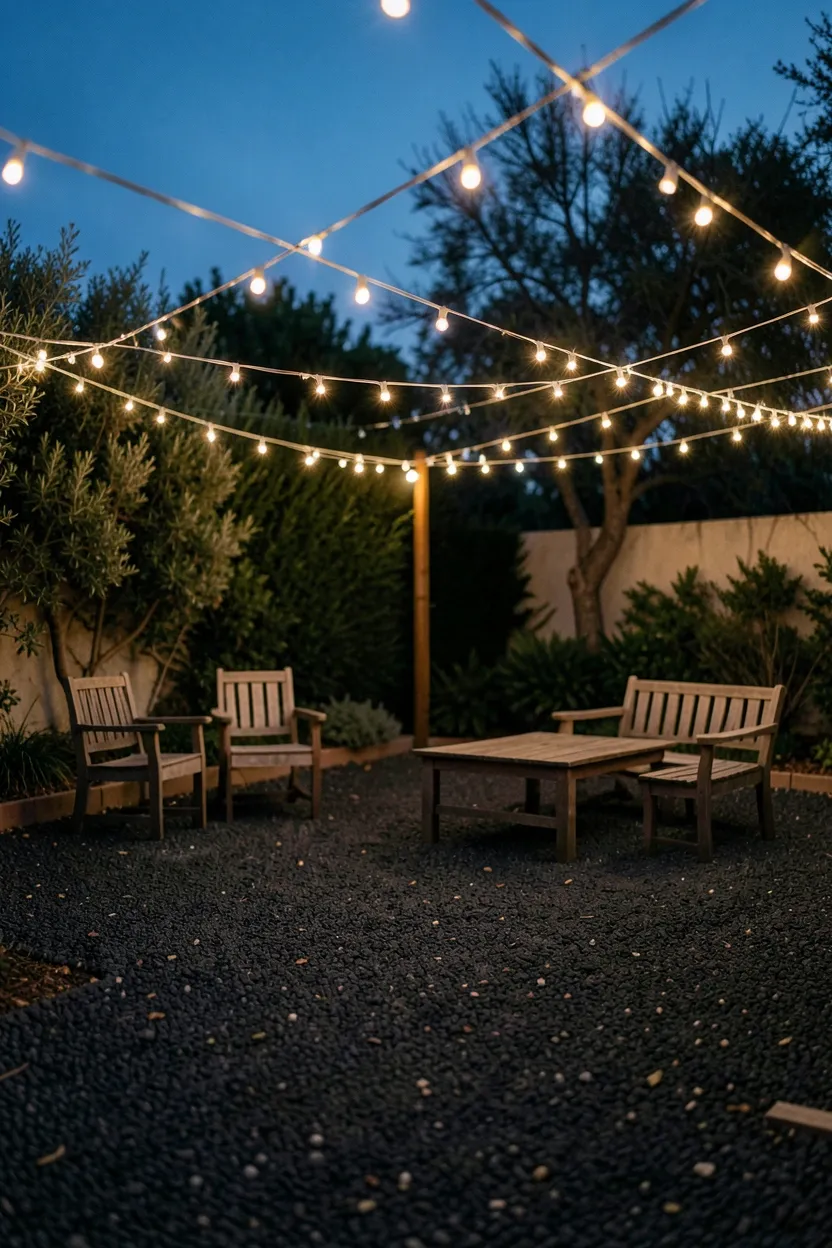 Romantic Gravel Patio with String Lights