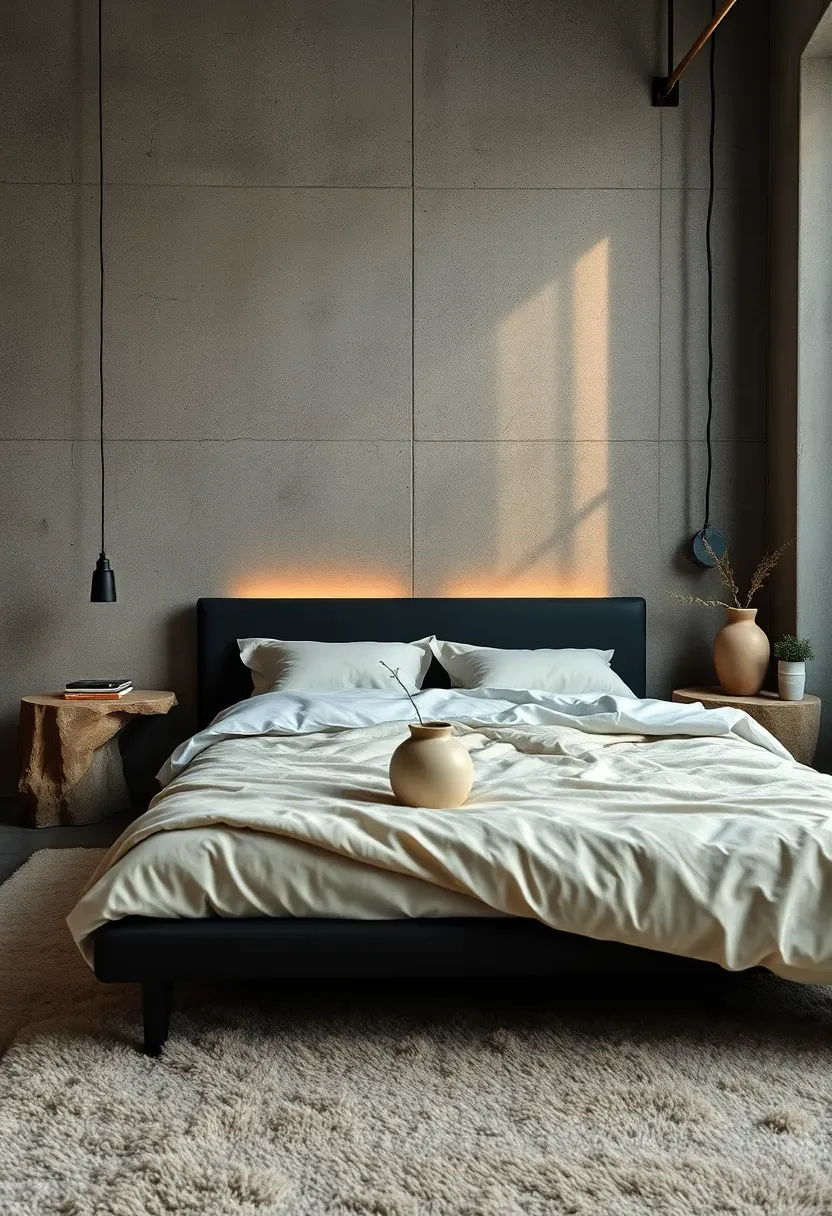 industrial modern bedroom with a concrete textured feature wall natural stone bedside tables a low bed and warm ambient lighting