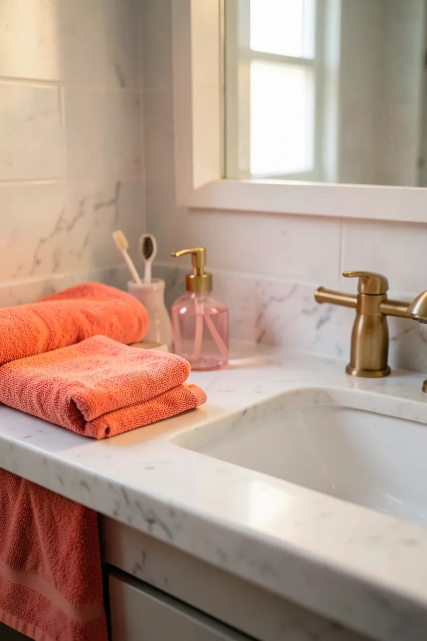 Neatly rolled coral bath towels on open shelving with matching coral soap dispenser and toothbrush holder in white bathroom