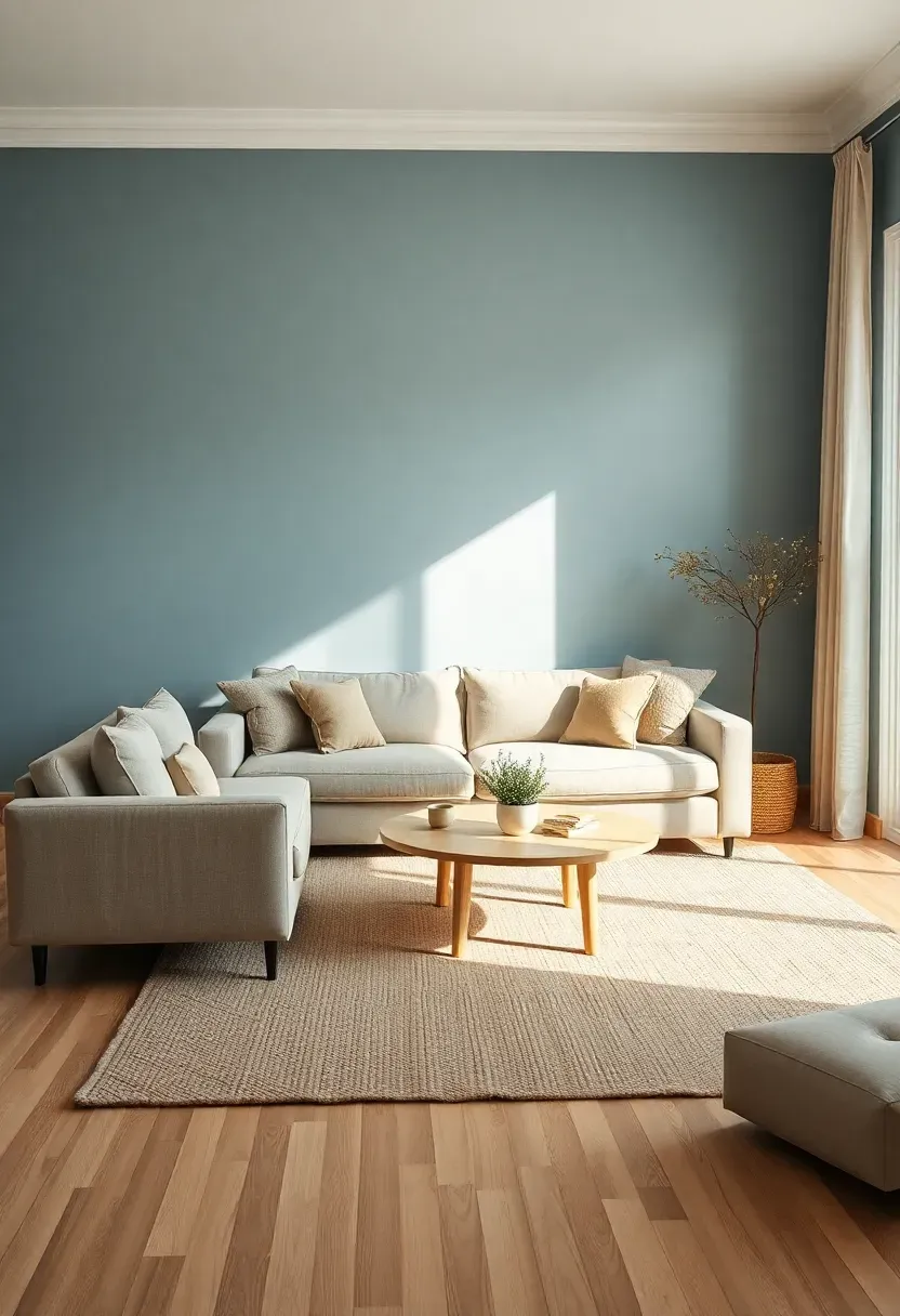 Hyper-realistic wide shot of a minimalist living room with dusty blue walls, beige sofa, beige wool area rug, and light oak coffee table. Materials: matte dusty blue paint, beige linen upholstery, beige wool rug, light oak wood, white trim, cream curtains. Soft natural daylight with subtle warm shadows, calm and cozy atmosphere. Clean minimalist composition, sharp texture details, no clutter, no text, no logos.</p>