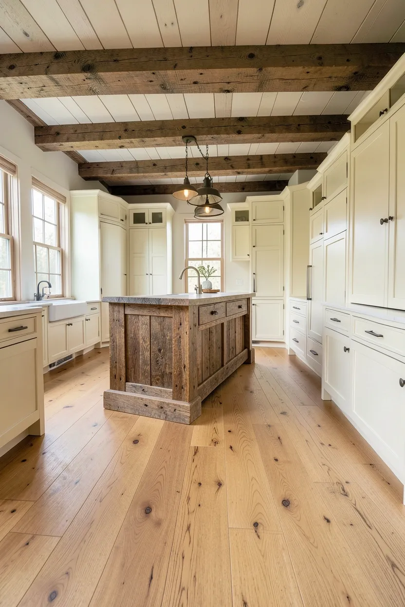 Wide-plank reclaimed oak hardwood flooring with natural knots and weathered patina in a rustic farmhouse kitchen