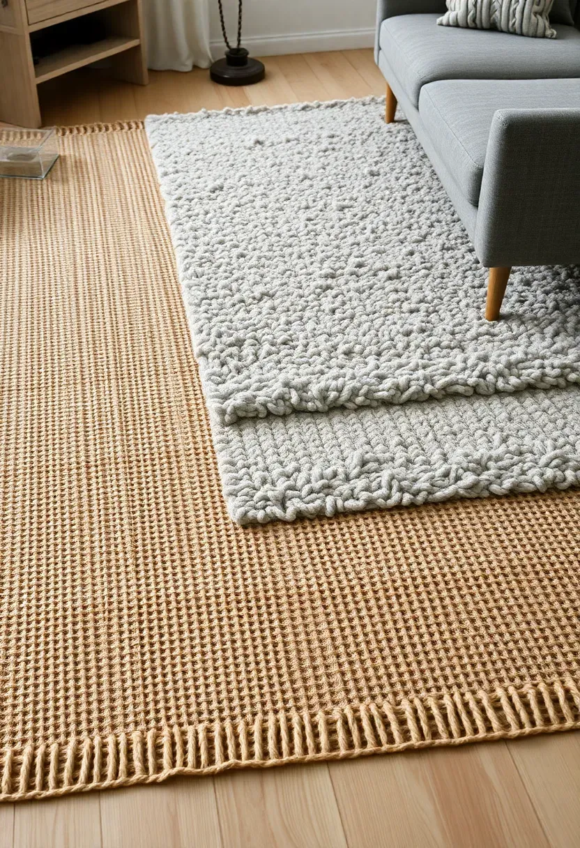 Hyper-realistic elevated 3/4 view of a Nordic living room floor showing layered rugs—a large natural jute rug with visible woven texture covering most of the floor area, with a smaller soft wool rug in pale gray positioned on top defining the seating area, with furniture legs visible resting on both rugs. Light wood floor visible at rug edges. Materials: natural jute with coarse weave texture, plush wool rug with cut pile, light oak flooring, minimal furniture legs visible. Natural daylight showing textural contrast between rug layers. Tactile warmth emphasis through material variety. Shallow depth of field showing rug texture foreground with furniture and room context beyond. No text, no logos, no watermarks.</p>
