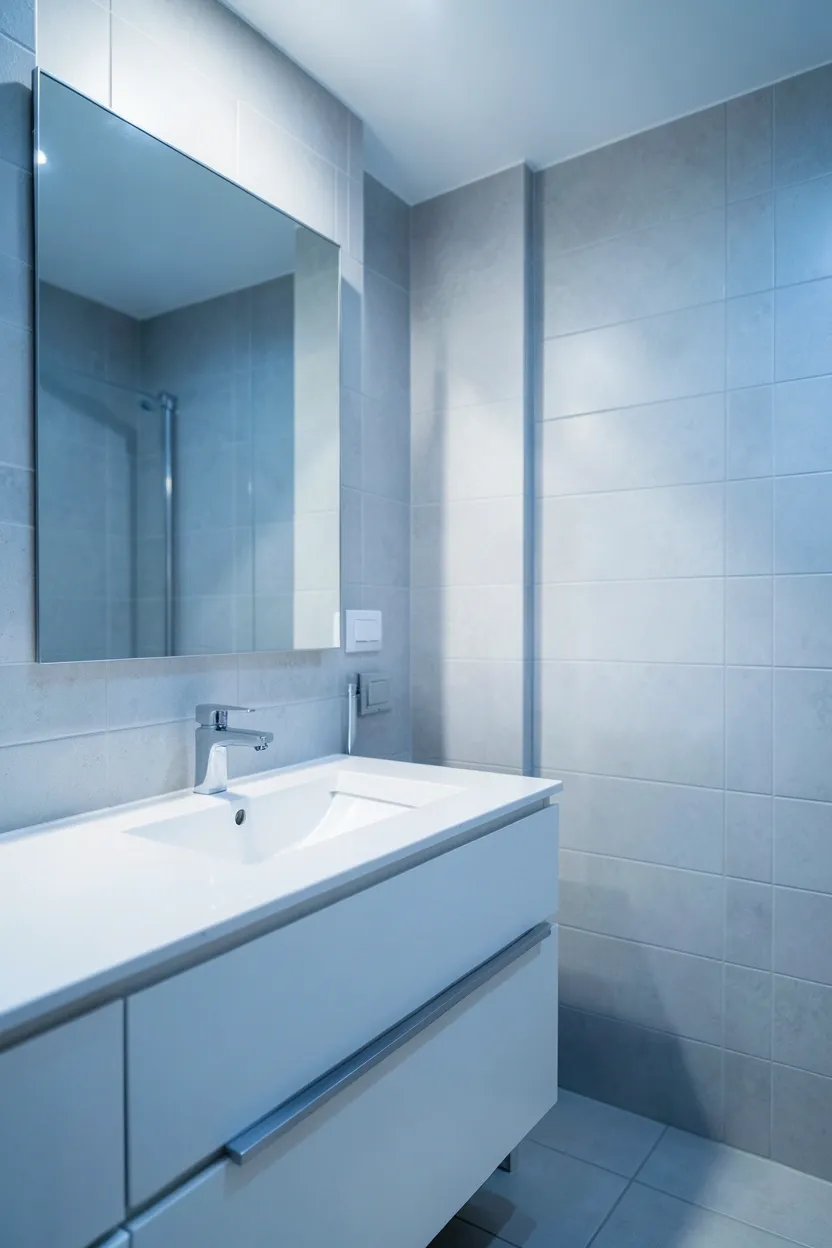 Calm small bathroom with light gray walls featuring cool blue undertones, brushed nickel fixtures, and white subway tile — renter-friendly color idea