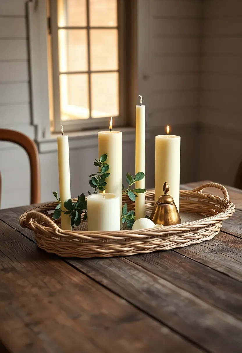 Farmhouse woven tray with three white pillar candles, eucalyptus sprigs, and a small brass bell on a reclaimed wood table