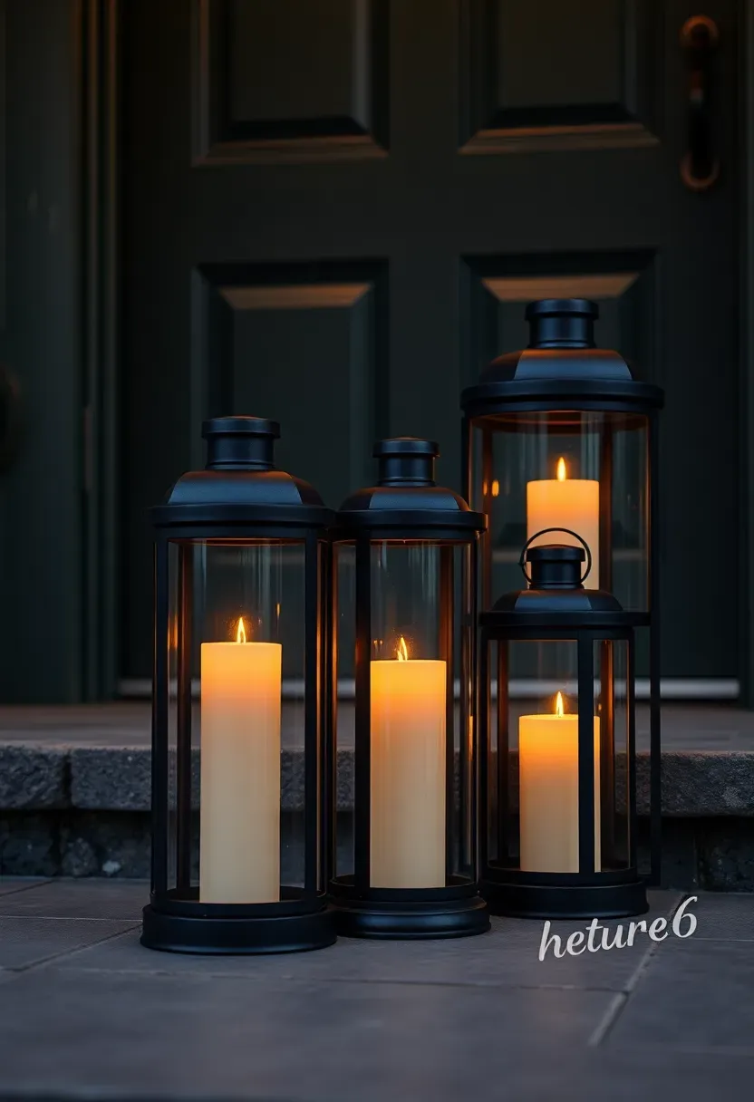 Cluster of three black metal lanterns with warm LED candles beside a front door at twilight