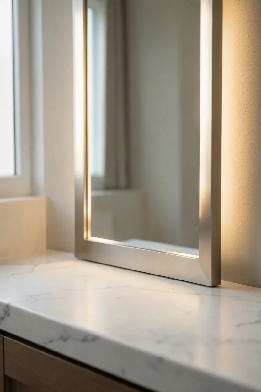 Backlit LED statement mirror above a white vanity casting soft even light — modern bathroom decor focal point