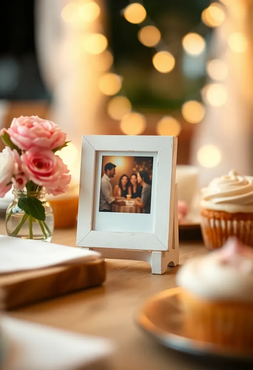 instant photo in a small white wooden frame placed on a dessert table next to baby shower decorations