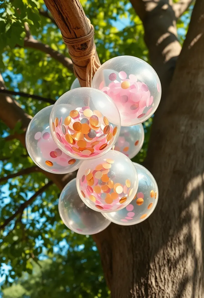 Clear balloons filled with colorful confetti hanging from a tree branch in a backyard, ready to be popped for a sweet 16 countdown