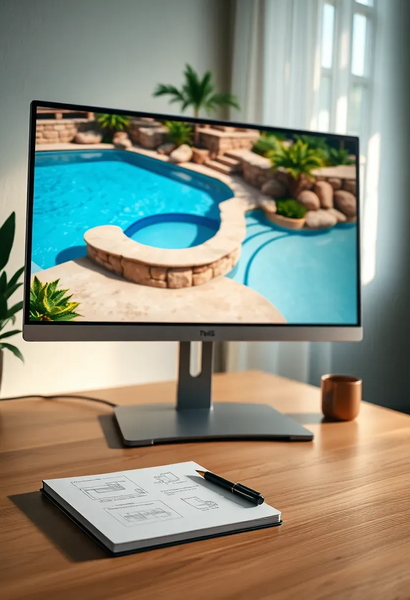 3D rendering of a backyard swimming pool design with surrounding stone deck and landscaping created in VizTerra software
