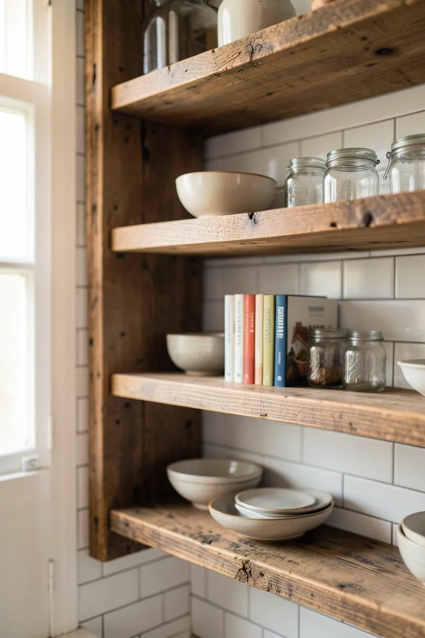 Reclaimed wood floating shelves with raw grain texture displaying ceramics and cookbooks — renter-friendly open storage in an organic modern kitchen