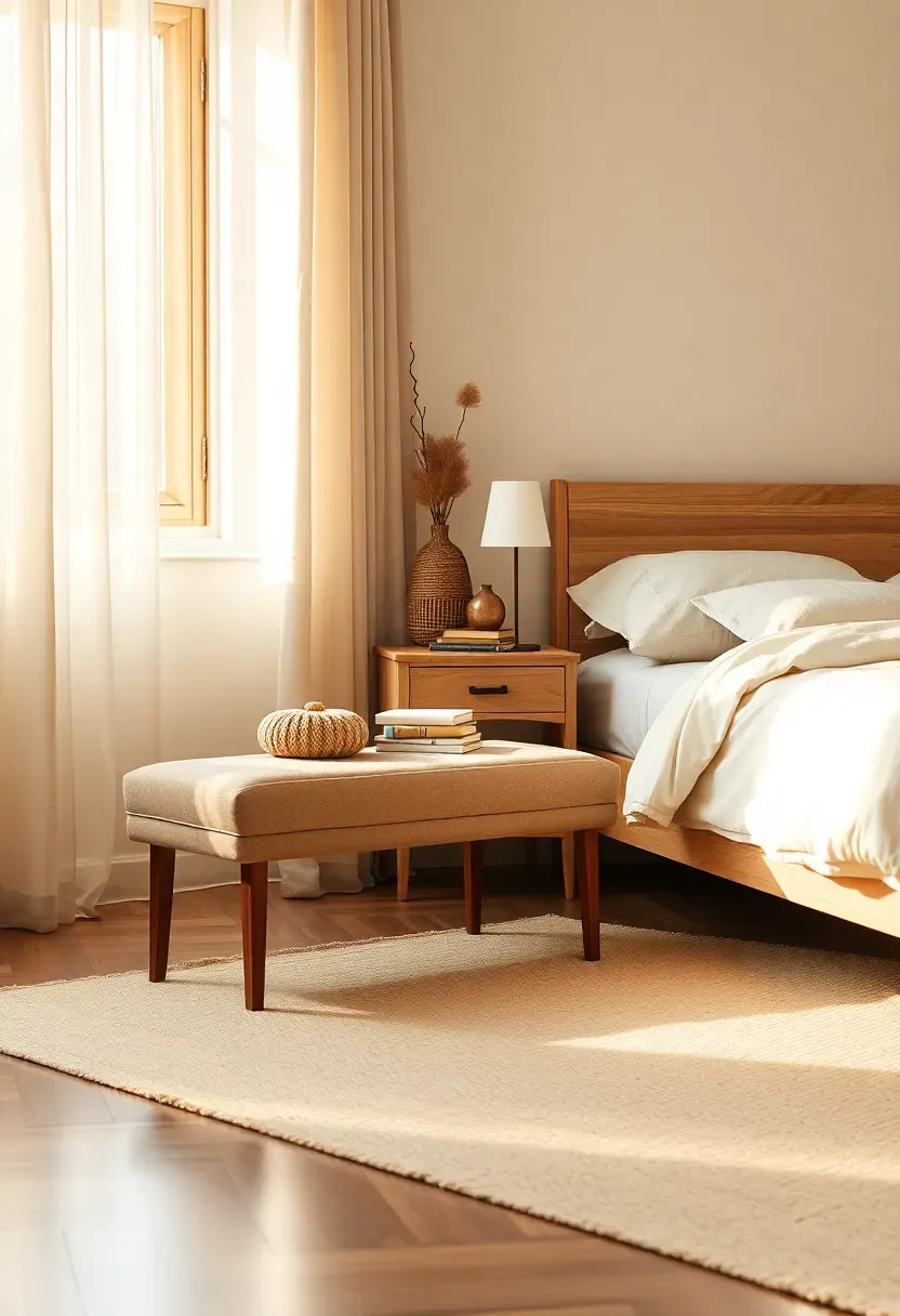 Taupe linen bench at foot of bed