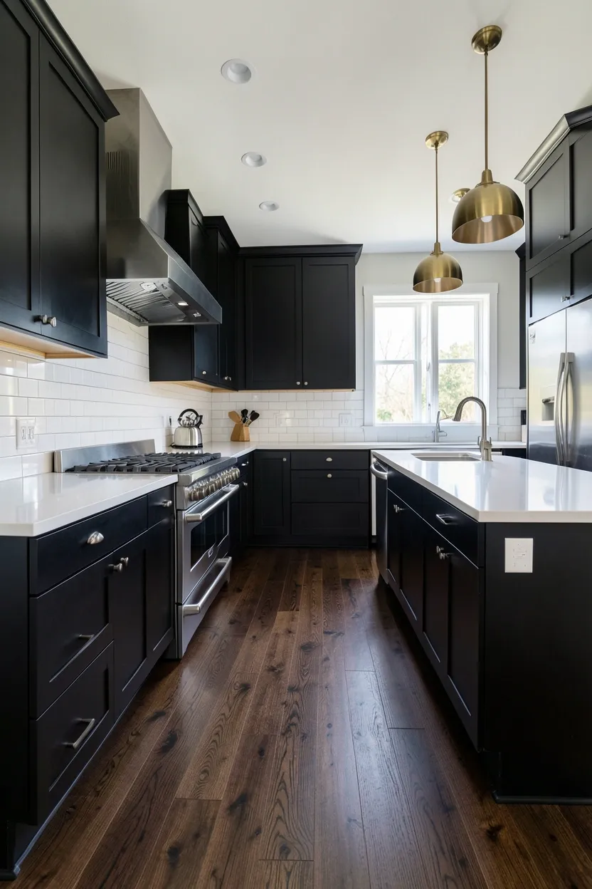 Dark walnut wood floor with matte black kitchen cabinets — dramatic monochromatic kitchen with rich depth and warmth