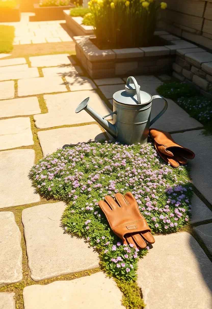Irregular flagstone patio with creeping thyme growing between stone joints in a sunny backyard