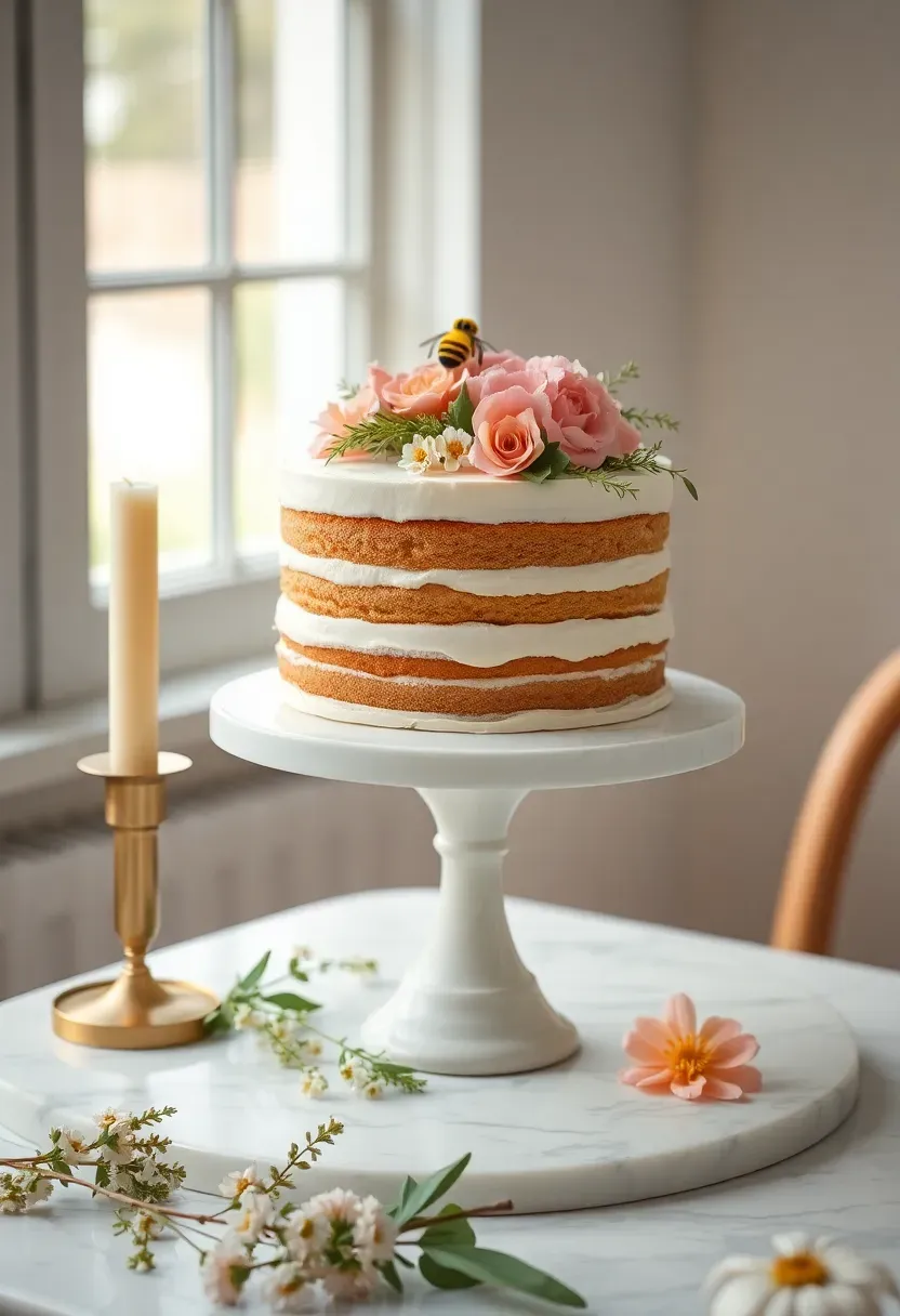 Naked cake with edible flowers and cascading greenery on white marble stand for spring baby shower